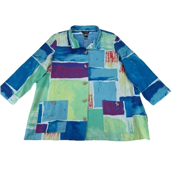 Ali Miles Tops - Ali Miles Green Blue Artsy Print Blouse Linen Lagenlook Button Front Top Size XL